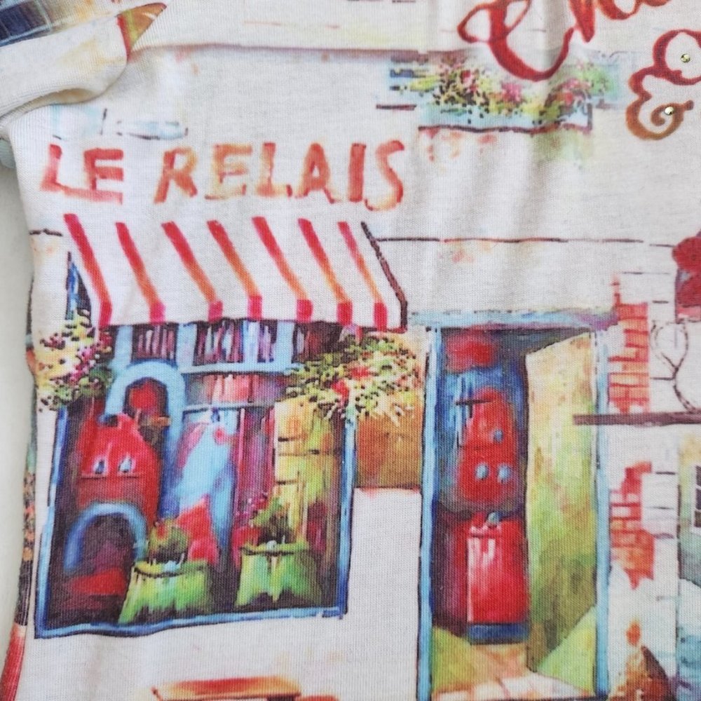 Vintage 90s French Art Print Top Large Paris Cafe J Marco Cyber Rhinestones Y2K - Picture 12 of 16